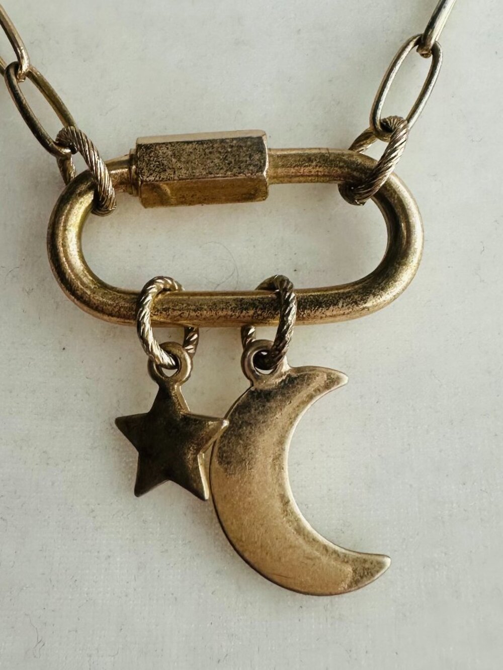 Celestial Carabiner Necklace | Brushed Gold-Tone Star & Moon Charms - Picture 2 of 2